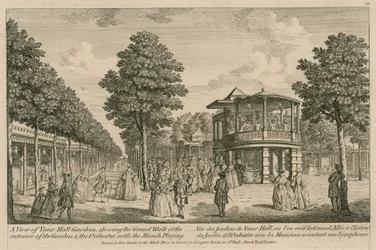 A view of the Vauxhall Gardens, London, showing the grand walk at the entrance and the Orchestra with music playing