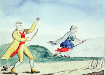 A witch frightens a man with a cudgel, c.1790s