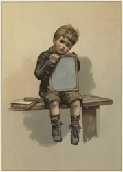 A Young Boy Sits Crying as He Rests His Chin on a Chalkboard