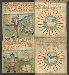 Aries & Taurus, from Almanac, containing table of dominical letters and golden numbers; directions to find the movable feasts; calendar of Saints, epochs, list of English Sovereigns, prognostications of weather, influence of the signs of the zodiac
