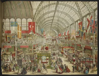 The Great Exhibition at Crystal Palace, showing the flags of various nations