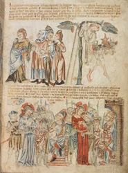 Judas returns the thirty pieces of silver; the death of Judas; Christ before Pilate and before Herod, from Holkham Bible Picture Book, c.1320-30