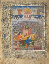 Seven furnaces with stills, tended by two men, beneath a roof with a cupola and chimneys, c.1477