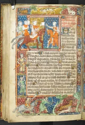King (Alexander) and Aristotle handing a letter to a messenger, from Secretum Secretorum