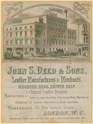 Advert for John S Deed & Sons, leather manufacturers and merchants, 451 New Oxford Street, London
