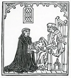 Alexander Barclay presenting his book to his patron Thomas Cornish, frontispiece to the English translation of 