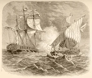 An American Navy ship captures an Algerian pirate ship off the Barbary Coast during the First Barbary War