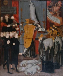 An Anti-Catholic Allegory with Portraits of Stephen Gardiner, The Bishop of Winchester and Bishops Bonner and Tunstall as Wolves, and with the Bodies of Hooper, Cranmer, Goodrich, Ridley Latimer and Rogers as Lambs