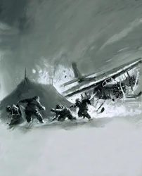 An aircraft lands badly on the polar icecap