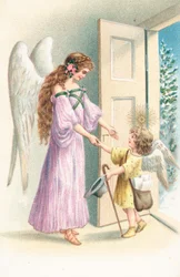 An angel stands by an open door welcoming a cherub