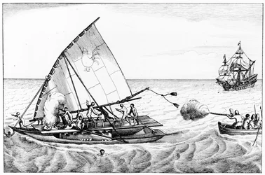 An incident during Le Maires and Schoutens circumnavigation of the world in 1615-16, from Volume II of Chronological History of the Voyages and Discoveries in the South Sea