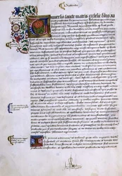 Page of Text with Illuminated Initial, from the Foundations Book of Robert Sherborne or Shirburn, Bishop of Chichester