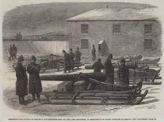 Armstrong Guns packed on Sleighs in the Ordnance-Yard, St John, New Brunswick, in Readiness to be taken overland to Canada