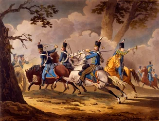 Austrian Infantry defending their artillery from Prussian Hussars, from series Cavalry actions of the allies during the Napoleonic campaigns published 1799-1802