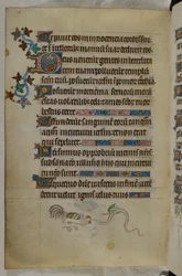 Bas-de-page scene of a cock and a winged serpent fighting, with a decorated initial 