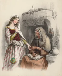Beautiful young girl visiting a witch to consult her about the future