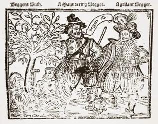Beggars All: Beggars Bush, a Wandering Beggar and a Gallant Beggar, titlepage of The Praise, Antiquity and Commodity of Beggary, Beggars and Begging