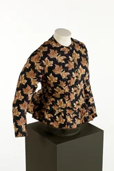 Black bodice with printed golden brown maple leaf design, c.1860-70