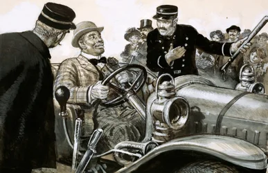Boxer Jack Johnson at the wheel of a racing car