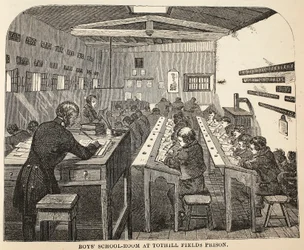 Boys school-room at Tothill Fields Prison, illustration from The Criminal Prisons of London and Scenes from Prison Life by Henry Mayhew and John Binny, pub. 1862