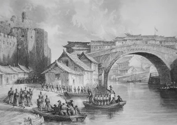 British troops land at the West Gate of Ching Keang during the Opium Wars, illustration after an eyewitness sketch by Captain Stoddard, black-and-white version of 225386