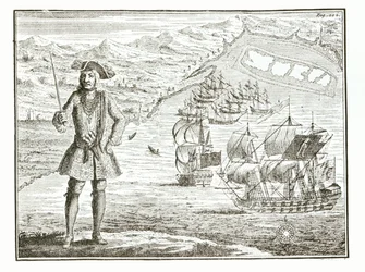 Captain Bartholomew Roberts with two ships, the Royal Fortune and Ranger takes sail in Whydah Road on the coast of Guiney, January 11th 172?, from A General History of the Robberies and Murders of the most Notorious Pyrates