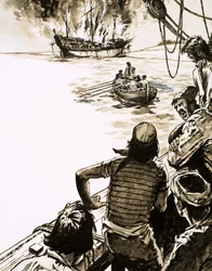 Captain Juan Sebastian del Cano burns one of his ships