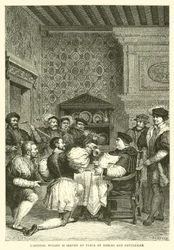 Cardinal Wolsey is served at table by nobles and gentlemen
