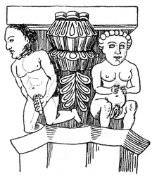 Carved figures of a man and woman displaying their genitals from the capital of a column in a church at Egra