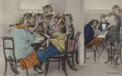Cats Drinking Tea and Monkeys Playing Cards