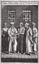 Certain Bishops talking with Mr. Bradford in prison, illustration from Foxe