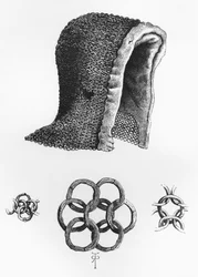 Chain mail hood and example of interlocking chain mail, c. A.D. 1120, from The British Army: Its Origins, Progress and Equipment