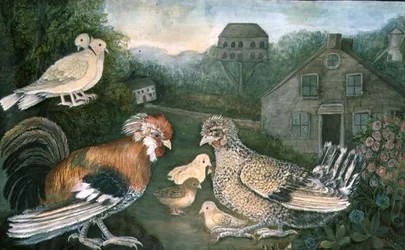 Chicken and Doves near a Farm