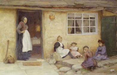 Children Playing Dice by a Cottage