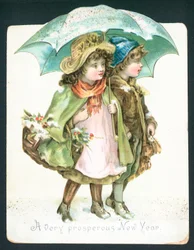 Children walking in snow under umbrella
