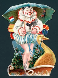 Clown Holding Umbrella on Goose Sledge, Christmas Card
