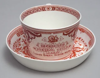 Commemorative Teacup and Saucer Reading A Memento of Preston Guild 1882, Minton, England, c.1882