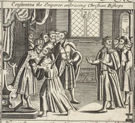 Constantine the Emperor embracing Christian Bishops, illustration from Acts and Monuments by John Foxe, ninth edition, published 1684