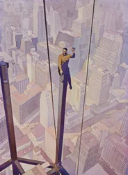 Construction worker on the steel frame of a skyscraper high above the streets of New York City, New York, USA