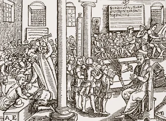 Contemporary woodcut of a Tudor grammar school
