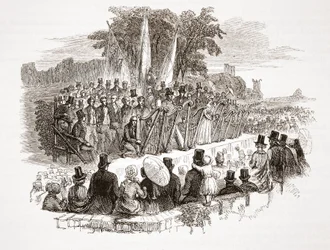 Contest for the Gold Harp at the Royal Denbigh Eisteddfod, before H.R.H. the Duke of Sussex in 1828