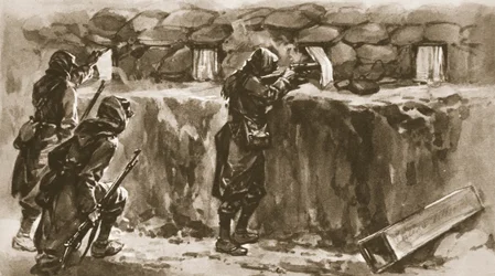 Cottage window-curtains as Trench loop-hole screens: A French expedient to baffle the Enemy sharpshooter, from The Illustrated War News, 1915
