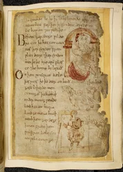 A man sitting on a cushion under an arch; two catini, open-mouthed beasts like dogs; a robed man with a staff, extending his hand to another man, illustration from Beowulf, from the 