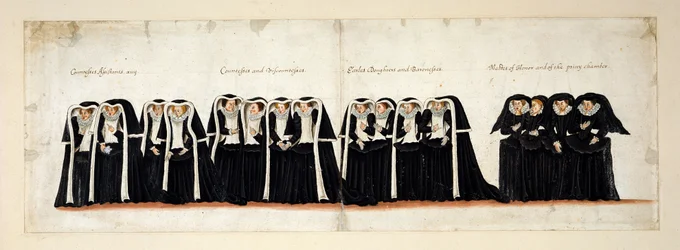 Countesses Assistants; Countesses and Viscountesses; the daughters of Earls and Baronesses; Maids of Honour and of the Privy Chamber. Part of the funeral procession of Queen Elizabeth I to Westminster Abbey, 28th April 1603