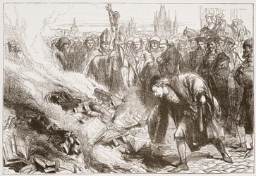 Destruction of the works of Wicliffe at Prague, illustration from The History of Protestantism by James Aitken Wylie, 1878