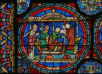 Detail from the Miracle Window depicting Audrey of Canterbury taking healing water