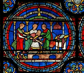 Detail from the Miracle Window depicting Robert of Cricklade at the tomb