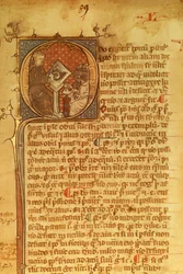 Detail of an ornamental letter in a 14th century manuscript. Duns Scotus lecturing his students