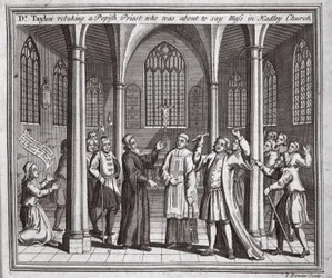 Dr. Taylor rebuking a Popish priest who was about to say mass in Hadley Church, illustration from Foxe