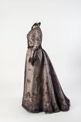 Dress of White and Purple Floral Silk Satin with an Outer Layer of Black Net